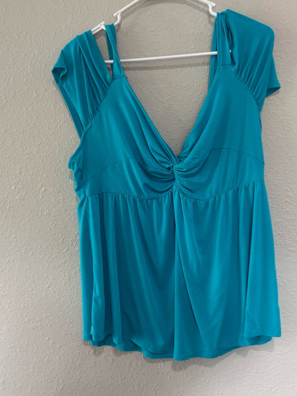 New York & Company Teal Twist-Front V-Neck Tunic